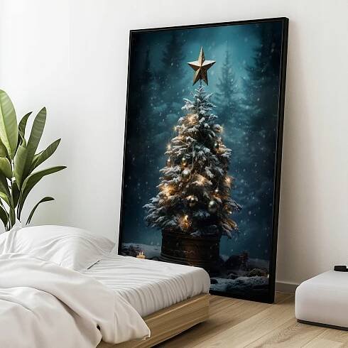 OBRAZ NA PLÁTNĚ NA ZEĎ VÁNOČNÍ STROMEK V LESE VELKÝ 40x50 CM BEZ RÁMU Výška výrobku 50 cm