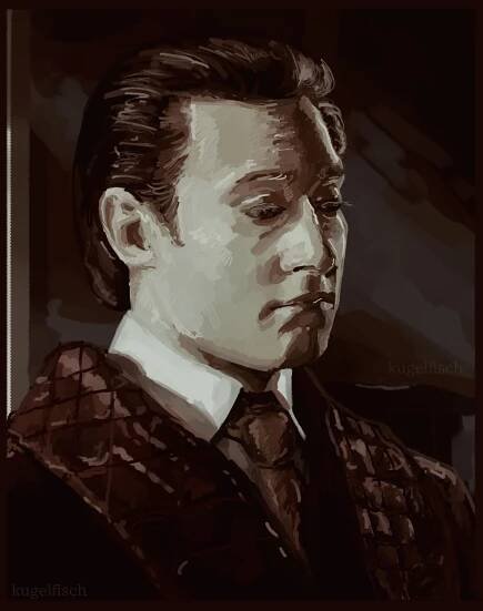 A digital art piece of Data from Star Trek the Next Generation. The piece is a portrait style and is digitally painted without line art. 
The colour pallet of the piece is very monotone, using browns with a bright yellow-grey as his skin. The piece is a 3/4th perspective and Data's eyes are tilted down which shows his white eyelashes. It is not entirely sepia however, as the greys use are also somewhat green. 

The tone of the painting is dark, and the darker shadows are a combination of brown, black and dark red which contrasts the yellows harshly. Despite not being pure white, colour theory aids in the grey becoming white. 

The background is non-descript. There is a brown boarder surrounding the piece. The art piece is referencing a screenshot from Star Trek: The next generation. Data is dressed in his Sherlock Holmes outfit. He is wearing robes, a white collared shirt and a brown tie. 

The caption 