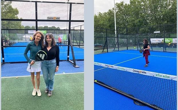 Susan Griffin playing padel for beginners in one picture on court, next to image of Susan with tennis player Annabel Croft