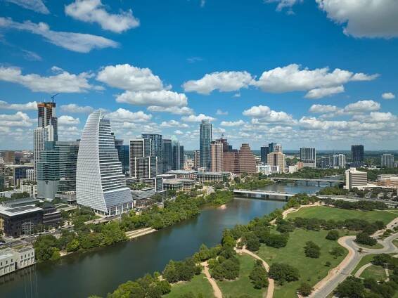 The Austin skyline viewed over Lady Bird Lake from the south