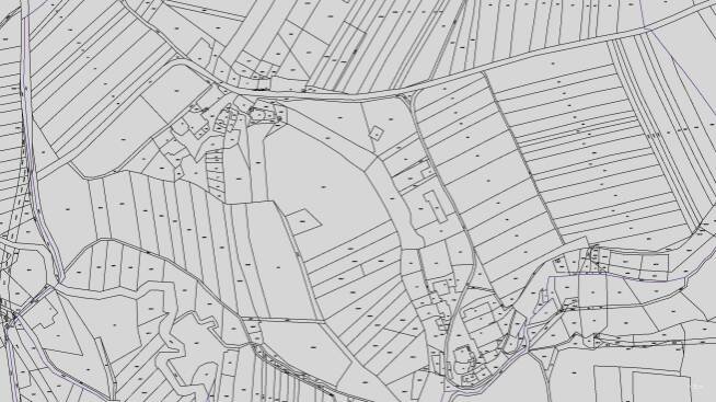 Katastrální mapa pozemků a čísla parcel Poděčely