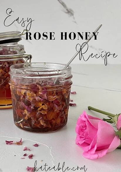 easy rose infused honey recipe pin image