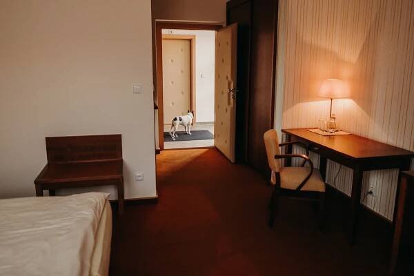 a bedroom with a desk and a dog standing in the doorway at Golf Hotel Austerlitz in Slavkov u Brna