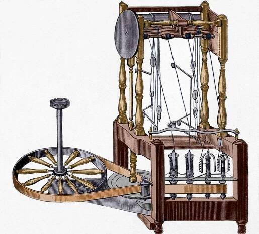 Spinning-frame. Designed in 1767 by Richard Arkwright (1732-1792). Colored engraving.