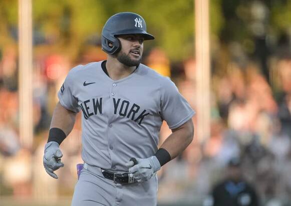 Jasson Dominguez round the bases after hitting one of his three homers in the Yankees' blowout win over the A's on May 9, 2025.