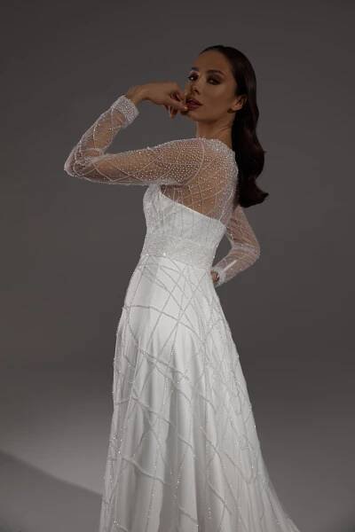 Gabrielle dress without rhinestones, 2022, couture, dress, bridal, off-white, embroidery, sleeves, train