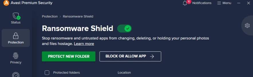 Avast antivirus open under Protection > Ransomware Shield