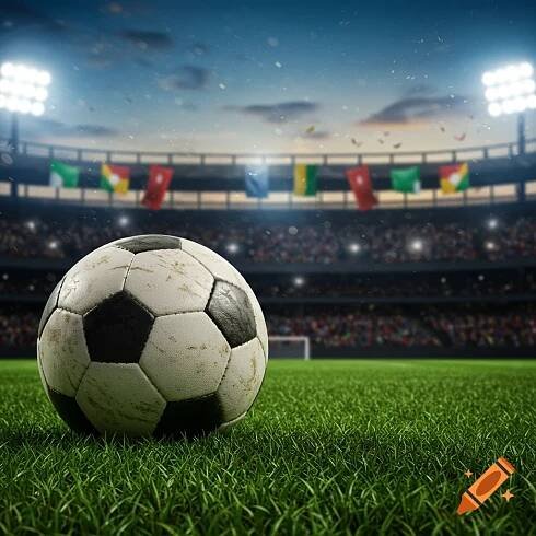 A photorealistic soccer ball rests on a green grass field inside a brightly lit stadium with blurry spectators and flags.