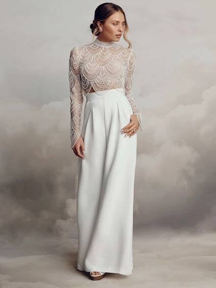 anya topper catherine deane, pearl top bride, wedding outfit with pearls, bridal trousers, civil wedding outfit, catherine deane, ryo trousers catherine deane