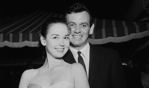 Actress Kathryn Grant with David Janssen attends Audra Martin party in Los Angeles, California in 1957