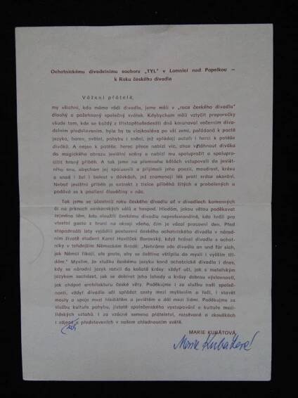 Marie Kubátová, autorka Krkonošských pohádek, podpis na dopise