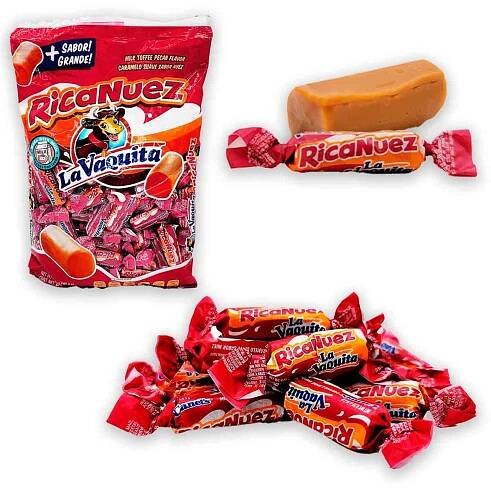 Package with approximately 12.9 ounces of delicious and small caramel candies flavored with nuts essences from "La Vaquita".