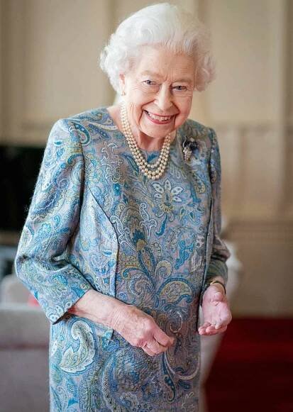 Queen Elizabeth II attends an audience with the President of Switzerland Ignazio Cassis (Not pictured) at Windsor Castle on April 28, 2022 in Windsor, England.