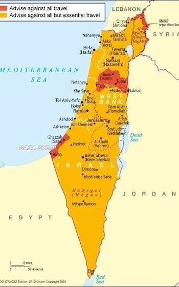 A map, released by the Home Office, advising on travel to Israel during the conflict with Iran