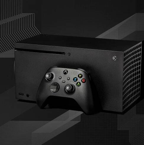 Xbox Series X console and controller on a graphic linear background