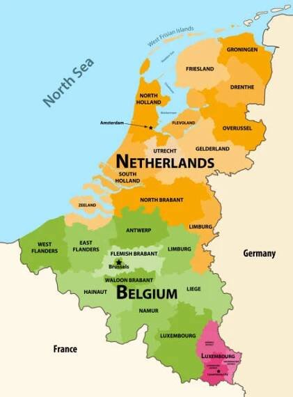 mapa vektorových oblastí zemí beneluxu: belgie, nizozemsko a lucembursko, se sousedními zeměmi a územími - německo střední evropa stock ilustrace