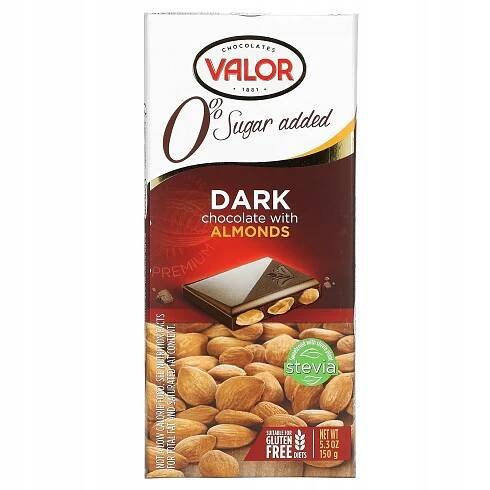 Valor čokoláda bez cukru 0% cukru Tmavá Čokoláda s mandlemi 150g Španělsko