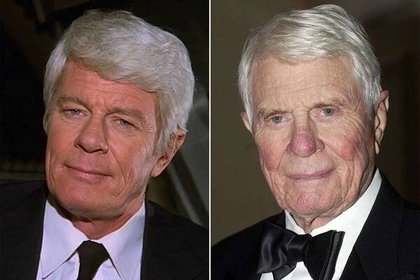 Peter Graves as Captain Clarence Oveur in 'Airplane!'; Peter Graves arrives at the 19th Annual Night Of 100 Stars Gala on Feb. 22, 2009, in Beverly Hills