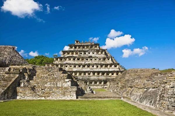 Pyramid on a landscape, Pyramid Of The Niches, El Tajin, Veracruz, Mexico