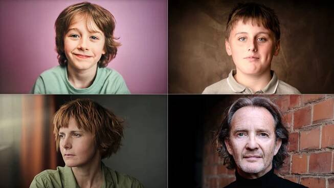 Seriálový Potter (zleva shora): Rory Wilmot jako Neville Longbottom, Amos Kitson jako Dudley Dursley, Anton Lesser jako Garrick Ollivander a Louise Brealey jako madam Rolanda Hooch 