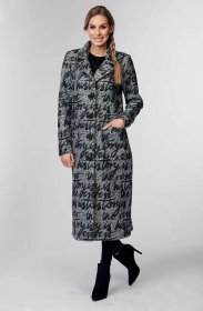 Dlouhý šedý dámský kabát s černými písmeny a s kapsami 7672