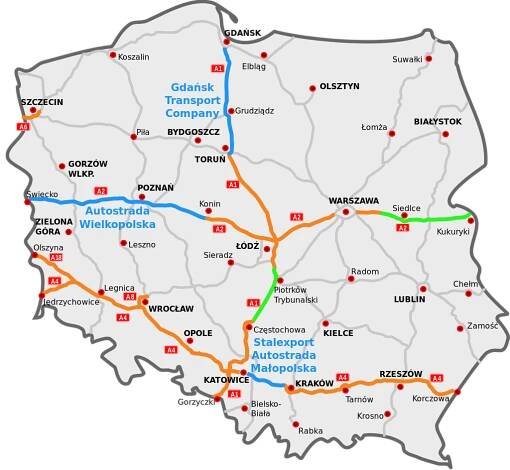 Mapa polské dálniční sítě včetně plánovaných úseků