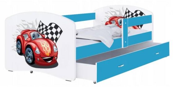 Dětsk�á postel LUKI se šuplíkem MODRÁ 160x80 cm vzor ZÁVODNÍ AUTO