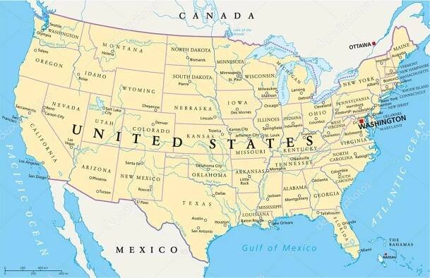 Stáhnout - Spojené státy americké politická mapa s kapitálem washington, státní hranice, nejdůležitějších měst, řek a jezer. s jednotné státy, jejich hranice a velkými písmeny, s výjimkou Havaj a na Aljašce. anglické označení a měřítka. — Ilustrace
