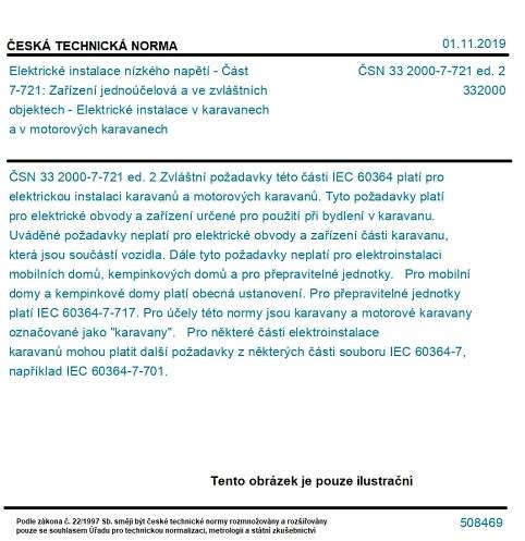 ČSN 33 2000-7-721 ed. 2 - Elektrické instalace nízkého napětí - Část 7-721: Zařízení jednoúčelová a ve zvláštních objektech