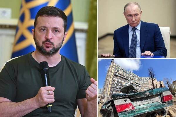 Photos of Zelensky, Putin, and the aftermath of a Russian missile on a children's hospital.