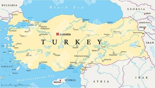 Magnetická mapa Turecka, administrativní, barevná