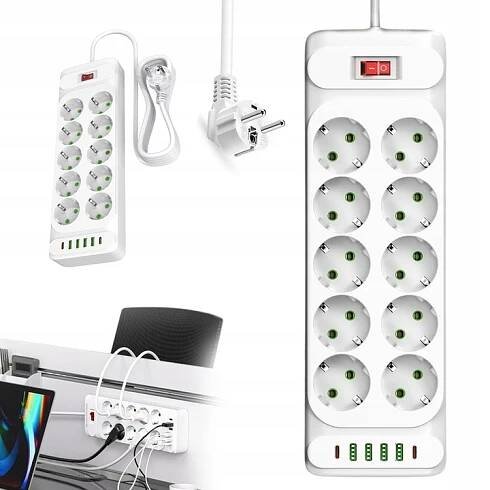 PRODLUŽOVACÍ KABEL SÍŤOVÁ LIŠTA 10 ZÁSUVEK 220V 2 m 4x USB 2x TYPE-C NABÍJEČKA