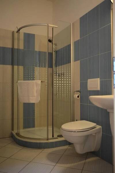 a bathroom with a shower and a toilet and a sink at Hotel Praha Potštejn in Potštejn