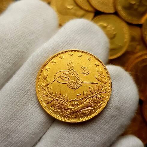 Zlatá mince 7,2g - 100 Kurush (Turecko), ryzost 21,98 karátu, UNC! - Numismatika