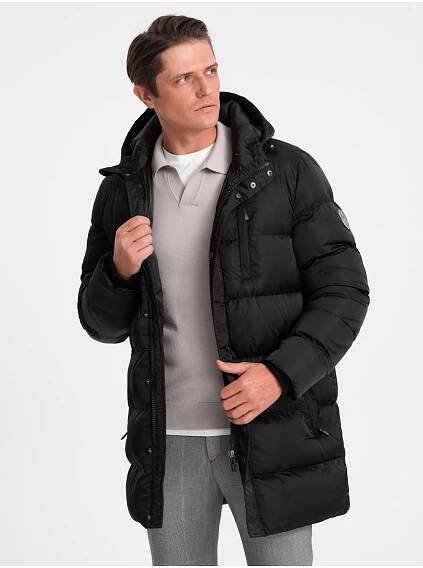 Ombre Clothing Pánská dlouhá zimní prošívaná bunda se saténovou úpravou - černá V3 OM-JALJ-0147