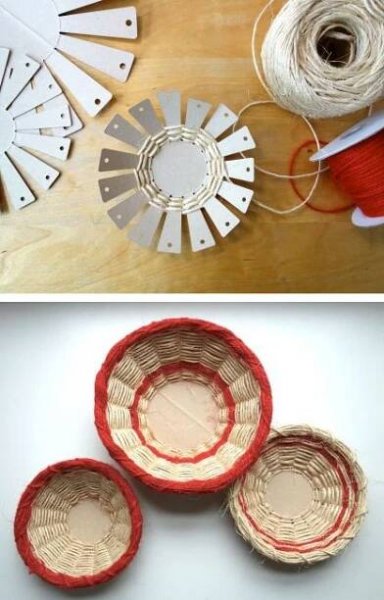 three baskets are shown with yarn and scissors on the table next to each other, along with two spools of thread