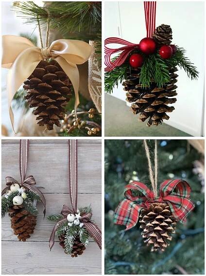 four different christmas ornaments hanging from pine cones