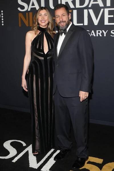 Jackie Sandler and Adam Sandler attend SNL50: The Anniversary Special Red Carpet Arrivals at 30 Rockefeller Plaza on February 16, 2025 in New York Cit