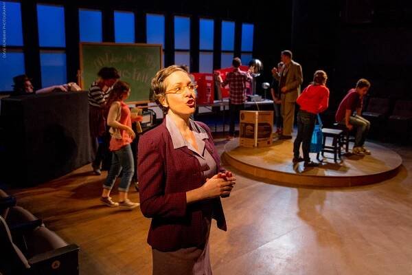    Physics Fair  by Rachel Lampert and Lesley Greene Kitchen Theatre Company   Musical direction by Patrick Young Scenic and lighting design by Tyler M. Perry Photos by George Cannon 