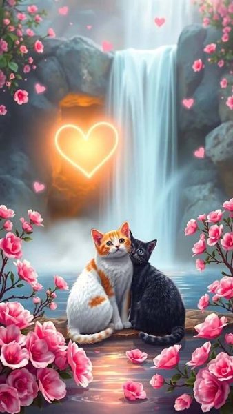 Romantic Cats By The Waterfall, Smartphone Wallpaper Wallpaper