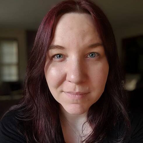 Face photo of Rebecca, black cherry hair