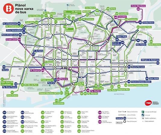 A detailed map of the new bus network in Barcelona showing various routes and stops.