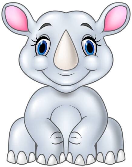 an elephant with blue eyes and pink ears sitting on the ground, looking at the camera