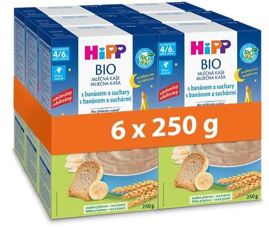 HiPP BIO Mléčná kaše na dobrou noc s banánem a suchary od uk. 4.-6. měsíce, 6 x 250g