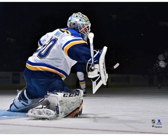 Unsigned St. Louis Blues Jordan Binnington Fanatics Authentic White Jersey Making Save Photograph