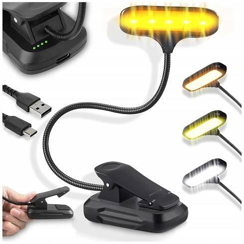 LAMPIČKA NA ČTENÍ KNIH NOČNÍ S KLIPEM USB AKUMULÁTOR 8 LED 3 BARVY