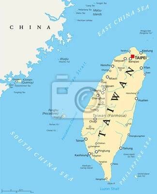 Nálepka Taiwan, Čínská republika, politické mapy s kapitálovými Taipei, národní hranice, důležitých měst, řek a jezer. Angličtina označování a škálování. Ilustrace.