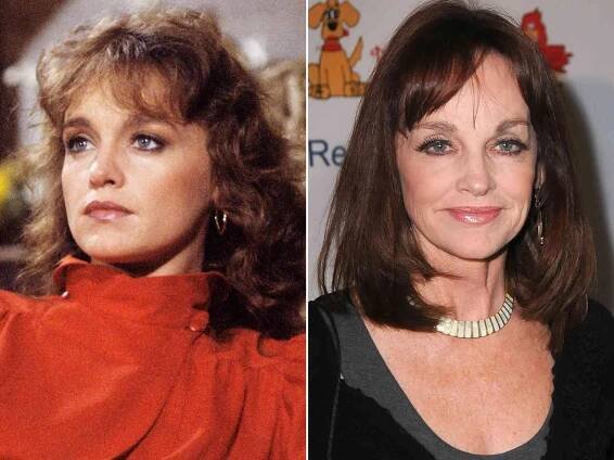 Pamela Sue Martin as Fallon Carrington in 'Dynasty'. ; Pamela Sue Martin at a fundraising event to save circus animals of Mexico in 2015.