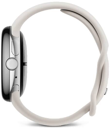 Vue latérale d'une Google Pixel Watch 3 de 41 mm avec boîtier en aluminium couleur Argent Poli / bracelet sport couleur Porcelaine