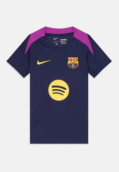 Námořnický fotbalový dres s fialovými ramenními akcenty, na přední straně s žlutým logem Spotify a s erbem FC Barcelona na levé části hrudi.